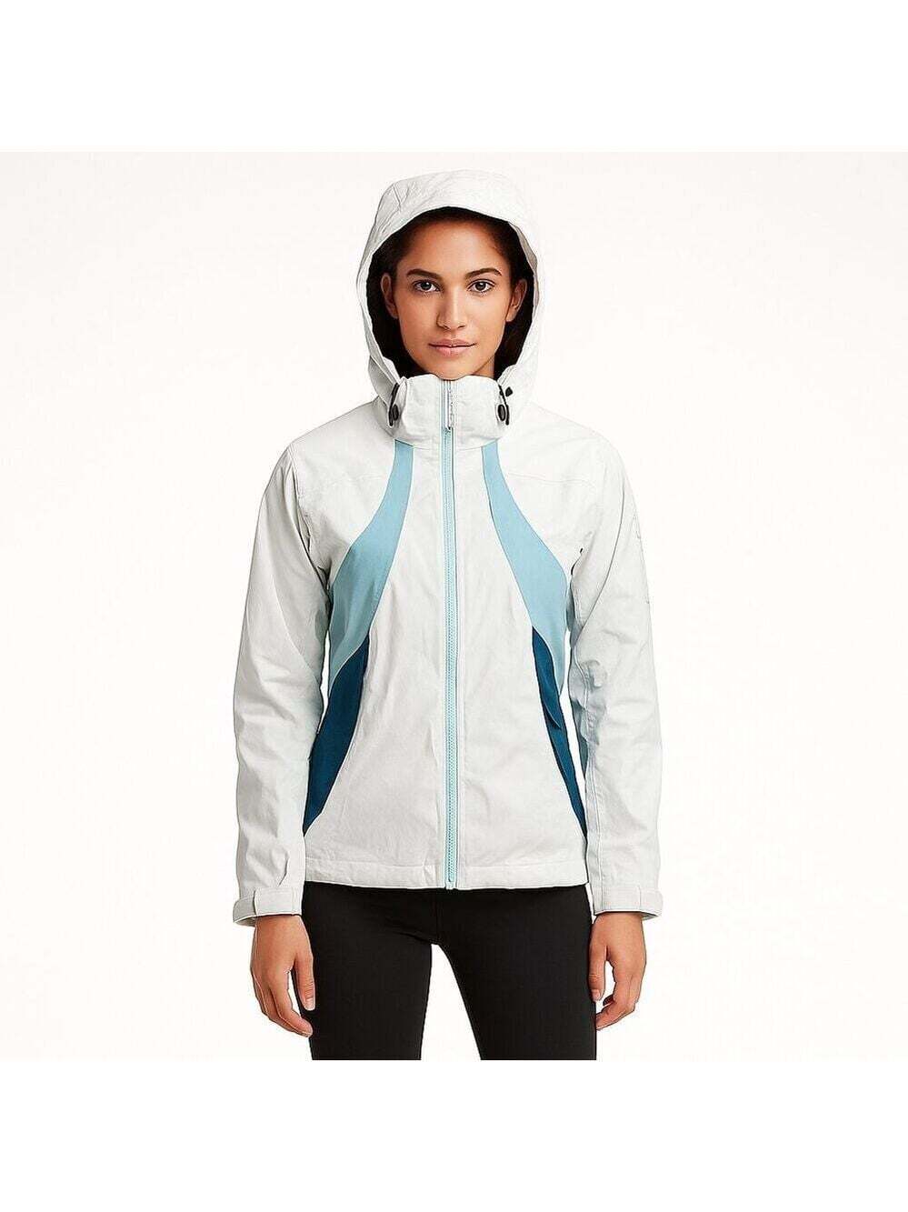 Spyder Ski Jacket Women 8 White Blue Hooded Nylon Shell Zip Winter Snow Coat